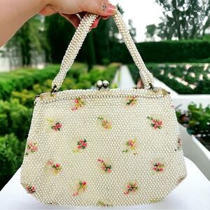 Lumured 1950s Corde Beaded Floral Embroidered Mini Bag Clutch Purse Cream Pink